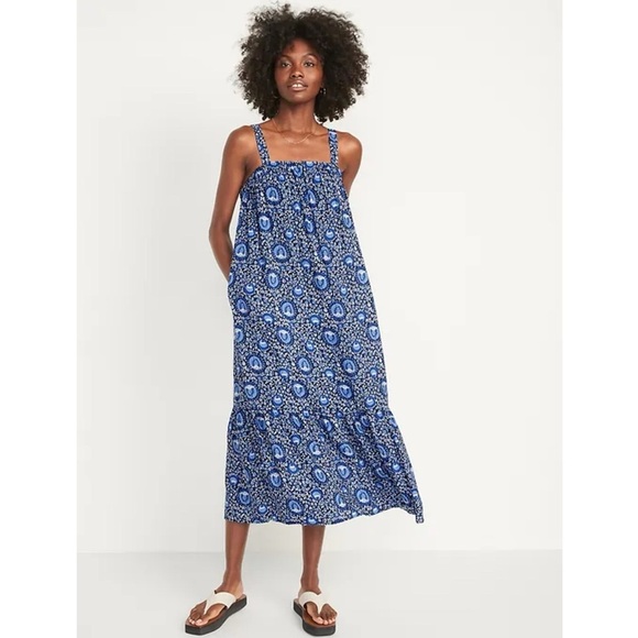 Old Navy Sleeveless Tie-Back Cutout Maxi Swing Dress Dark Sea Blue Print - Picture 9 of 14